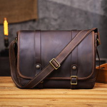 手工真皮男士邮差包头层疯马牛皮通勤包单肩斜挎包复古休闲跨境
