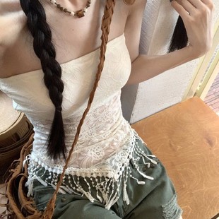 2314 # Exotic Style Spliced ​​Lace Irregular Hem Tassel Pure Desire Tube Top Women's New Hot Girl Vest Top