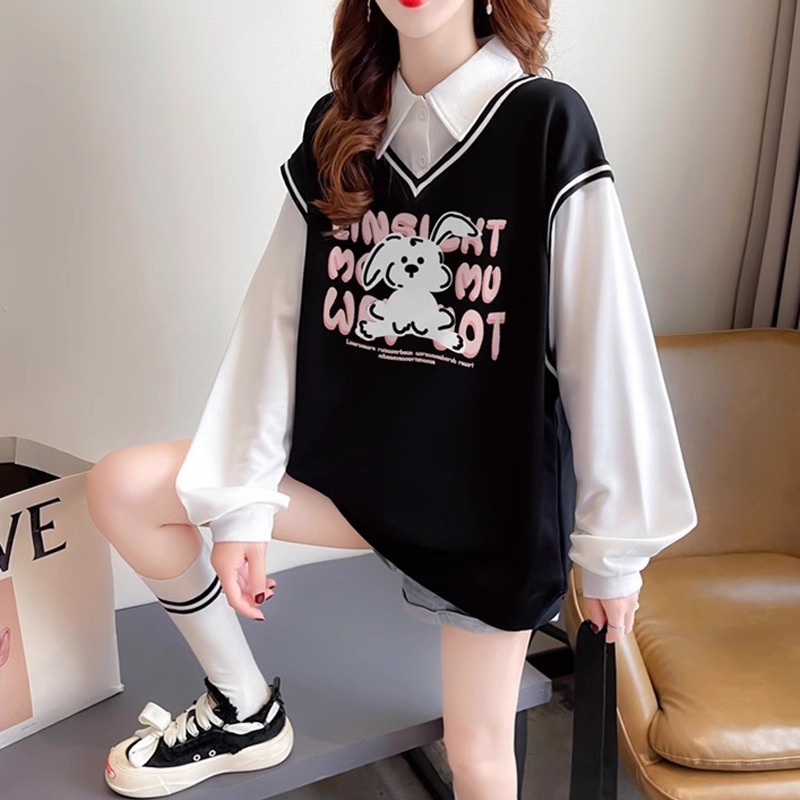 長袖Tシャツ 女の子用 2025年春夏新作 中学生・高校生 カレッジ風 フェイクツーピース 薄手ポロスウェットシャツ|undefined