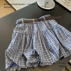 高级感蓝色格子花苞遮肉a字短裙小个子显瘦半身裙子女2025新款夏