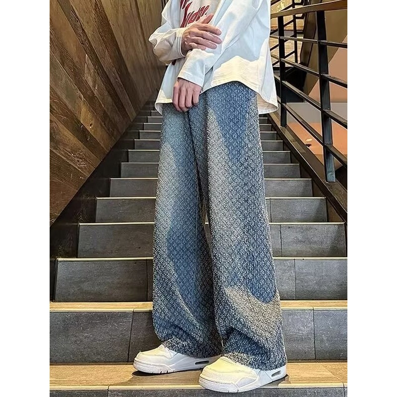 Hm Jacquard Washed Jeans Men's Spring and Autum 2024 New American Large Size Casual Pants Trendyy Long Pants for Men