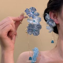 湖の水〜レトロな青い花のイヤリング、ピアスなし、ホリデースタイルの雰囲気、海辺の写真撮影用イヤリング