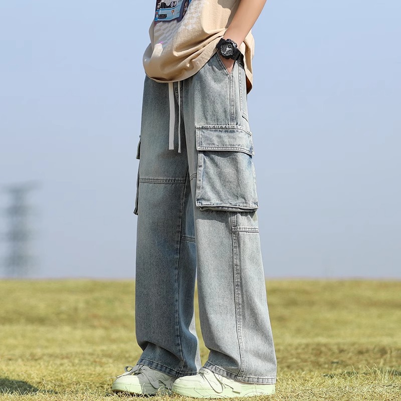 ​​Men’S Cargo Jeans – Vintage Washed Denim Pants With Patchwork & Multi-Pockets​​ Relaxed Straight Fit​​_mkmklike.com