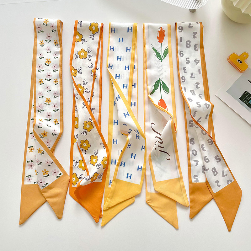 Yellow small flower thin narrow long silk scarf spring and summer multi-functional hair tie bag decorative bow hair band ribbon