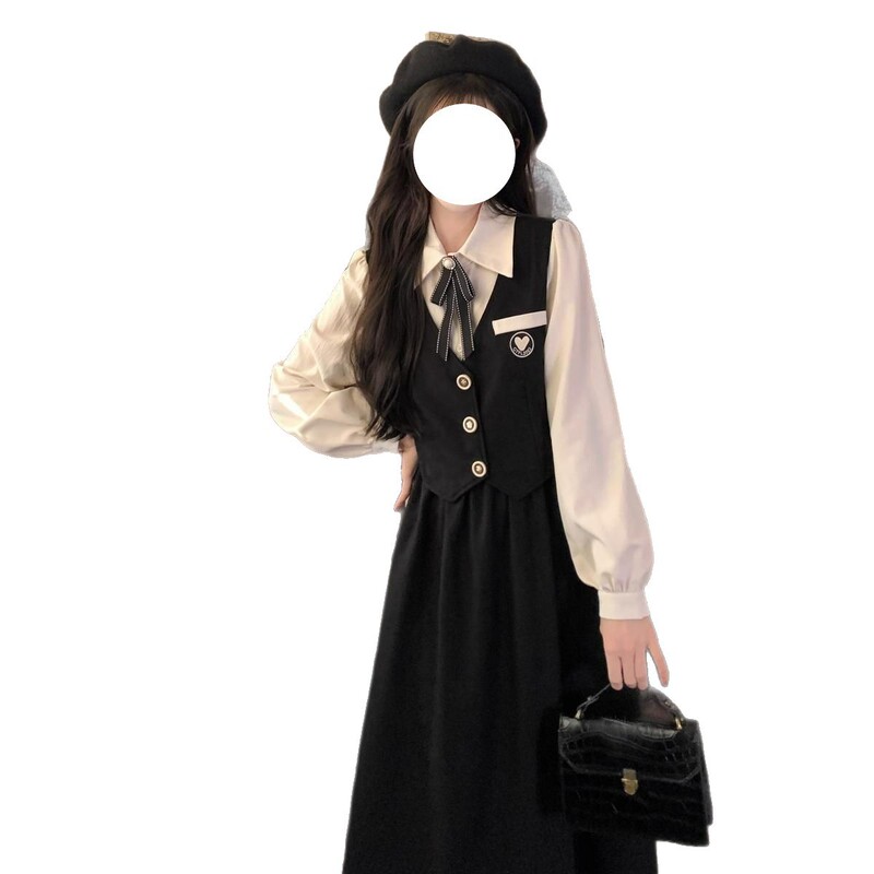 法式学院风黑色连衣裙女新款春秋季教资面试艺考成人礼假两件裙子|undefined