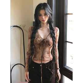 纯欲性感v领绑带晕染长袖t恤女秋季显瘦褶皱收腰显瘦网纱打底上衣