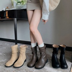 葡萄妈studiolee 韩系圆头褶皱绒面粗跟厚底堆堆低帮短筒靴女秋