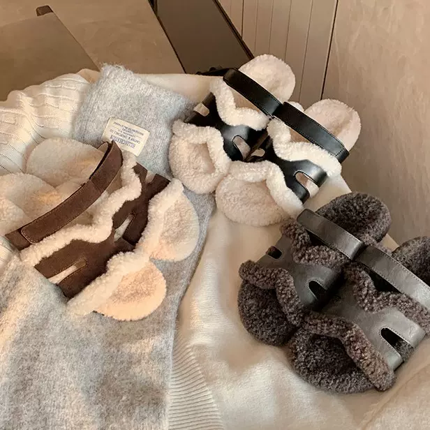 暖呼呼~ 懒人H带魔术贴二舅厚底毛毛拖鞋女外穿2025秋冬新款棉鞋