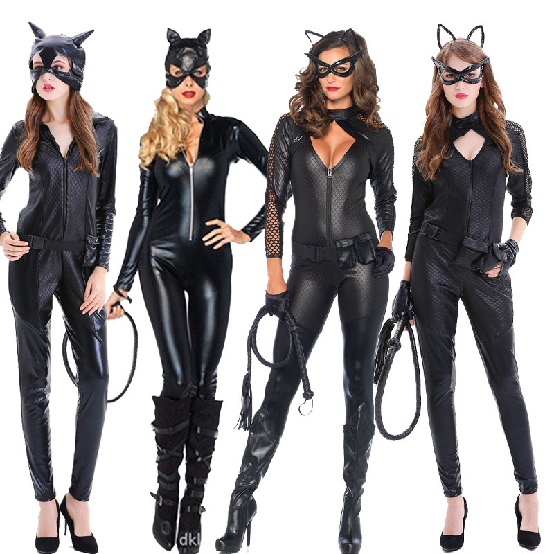 Halloween European and American Sexy Leather Cat Girl Uniform Jumpsuit Cosplay Black Cat Girl Party Costume