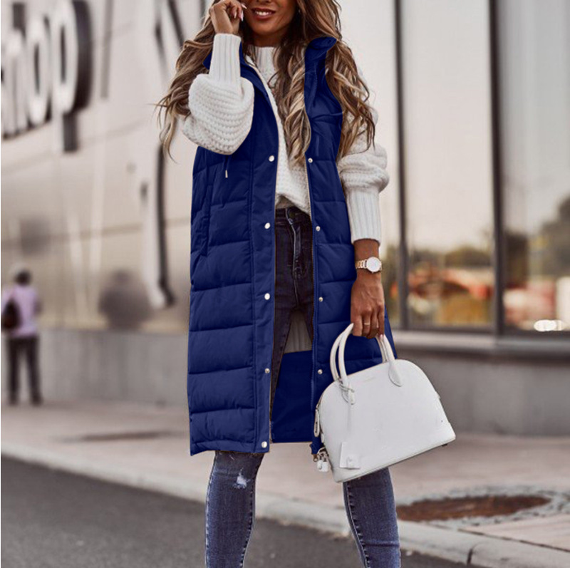 Europa y América nueva moda casual Chaqueta de algodón acolchado de color sólido con capucha chaleco Delgado elegante cardigan sin mangas abrigo de longitud media para las mujeres image 11
