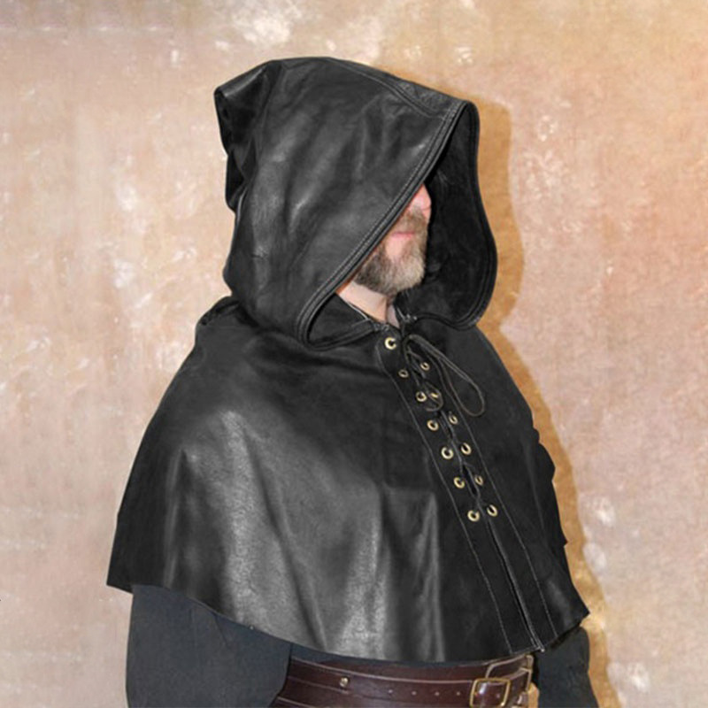 Los hombres europeos y americanos pu cuero sombrero cazador con capucha chal retro medieval renacimiento Cabo sombrero mago