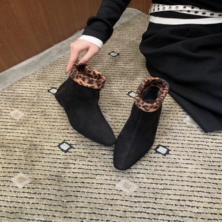 法式一靴两穿绒面方头粗跟瘦瘦靴可翻折秋冬慵懒百搭粗跟小裸短靴