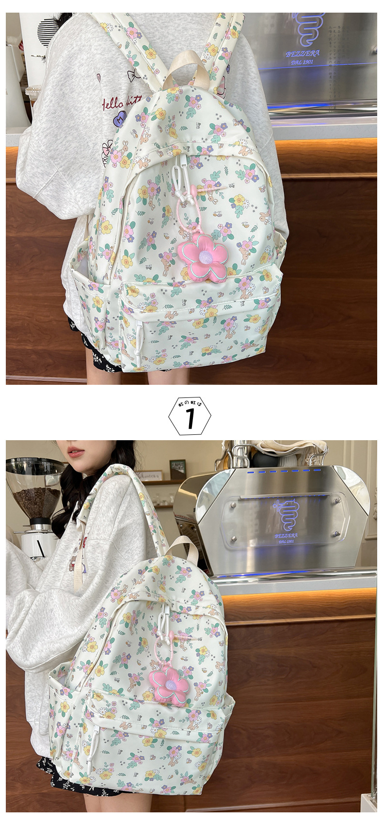 738g Weight Polyester Lining Material Sewing Thread Fashion Element Zipper Closure Type Double Shoulder Straps Strap Type Casual, School, Daily Occasion Nylon Material Waterproof Function Back To School Festival School Backpack Backpack Flower, Strawberry Pattern All Seasons Season Women's Gender Classic Style Style Square Shape Waterproof Flower Strawberry Casual School Daily School Backpack 5