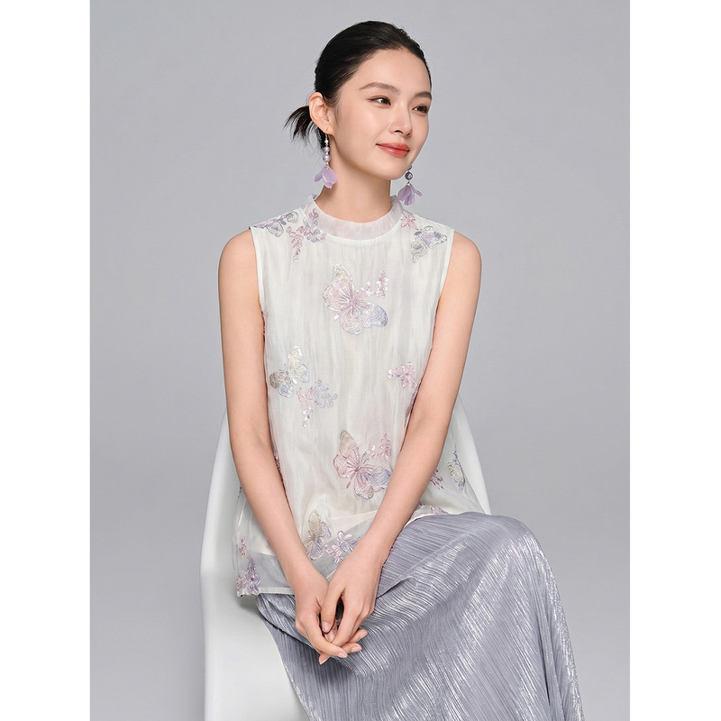 【Zhihetang】New Chinese-Style Butterfly Embroidery Set: Stand-Collar Sleeveless Top + Flowing Chiffon Skirt Two-Piece Set