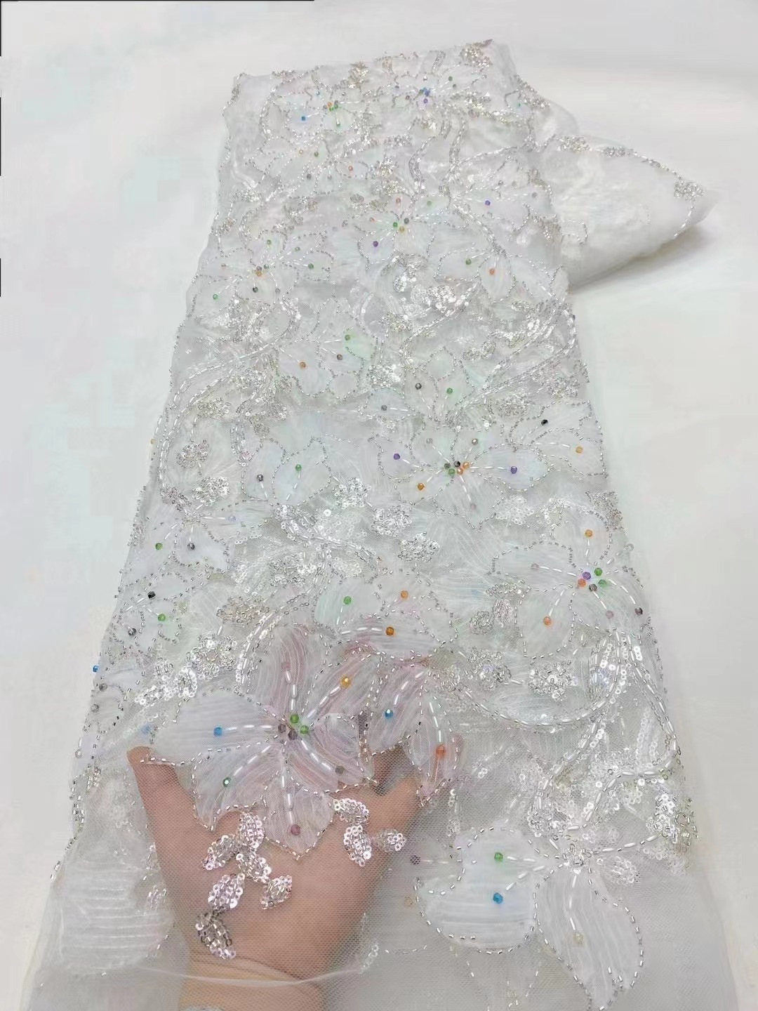 Flores bordadas de diamantes de color sequinado tubo de perlas bordado tela pequeña fresca moda vestido de boda vestido de baile tela image 8