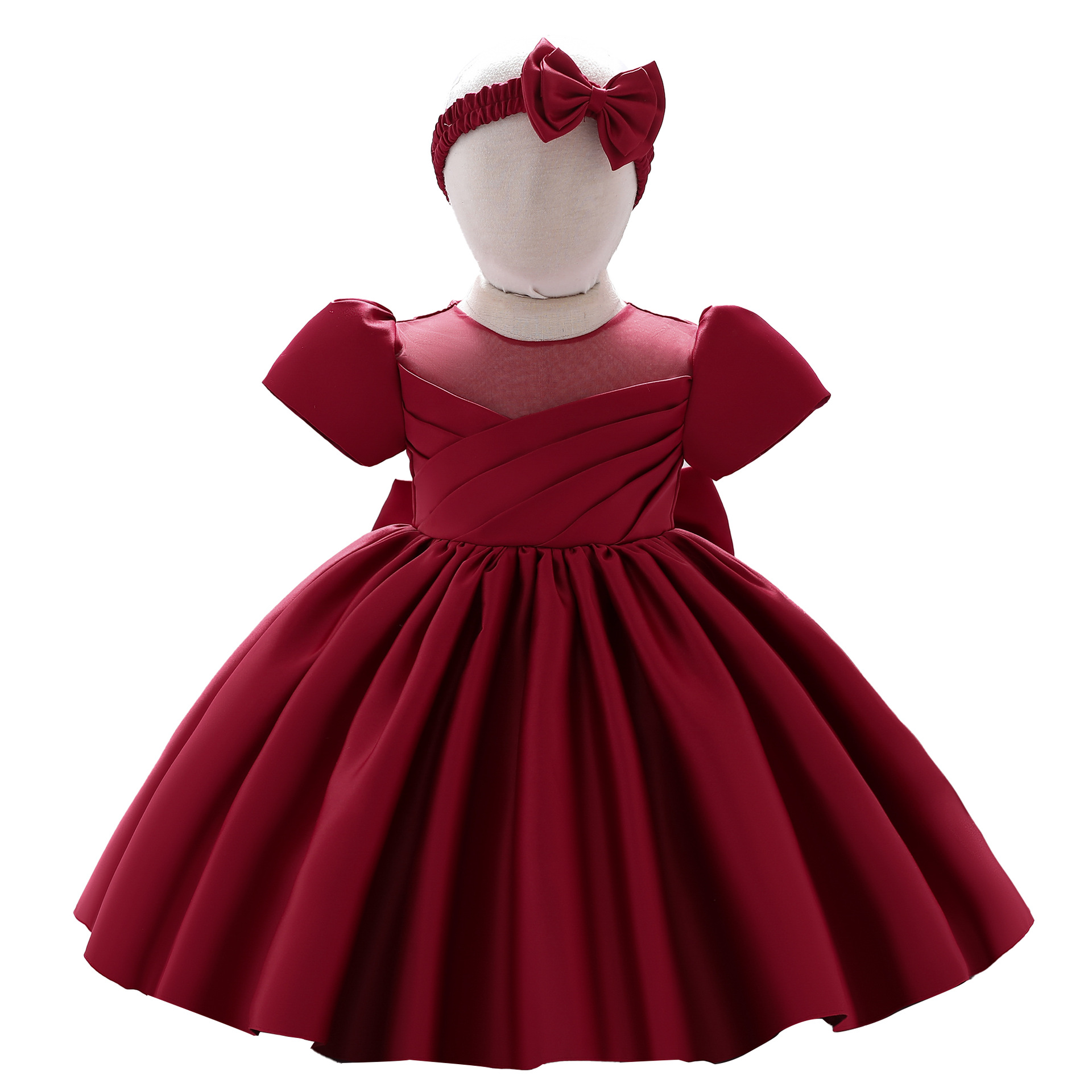 Nueva llegada del bebé niños Amazon vestido de novia niña manga corta color sólido forjado paño lavado vestido bebé un año de edad vestido de princesa