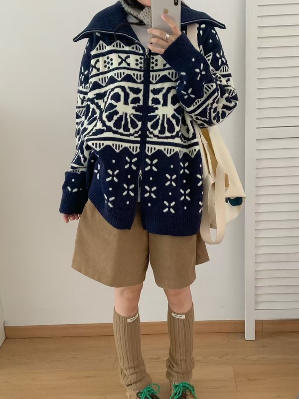 韩版复古大翻领撞色提花毛衣外套女秋冬新款宽松拉链针织开衫外穿|undefined