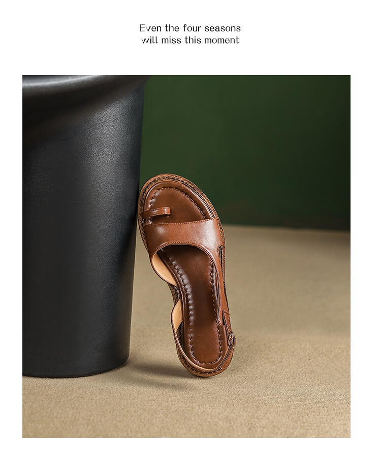 Sandal nữ xỏ ngón đế bệt da thật phong cách La Mã hở mũi quai hậu — Màu nâu, Màu đen, Màu trắng be chi tiết 39