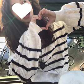 软糯风软奶系撞色条纹麻花毛衣女秋冬外穿宽松慵懒套头针织衫上衣