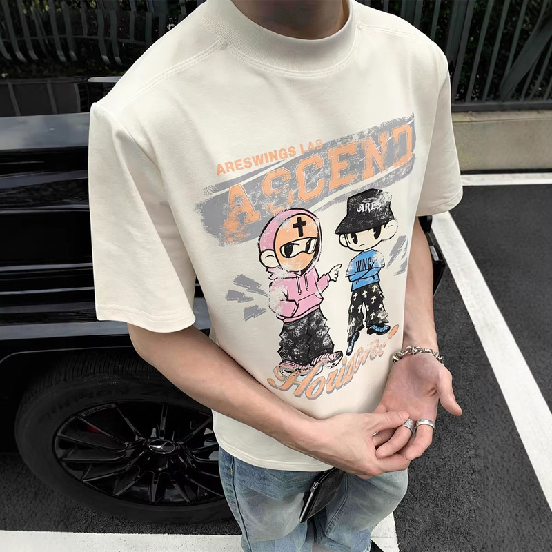 Ares Men's American Street Style Bad Boy Printed T-Shirt Solona Cool Round Neck Short-Sleeved Men's Summer Loose T-Shirt