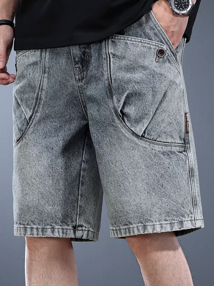 Men's Clothing Denim Shorts Men's Summer Washed Distressed Retro Shorts Loose Trendy Workwear Mid Length Pants_mkmklike.com