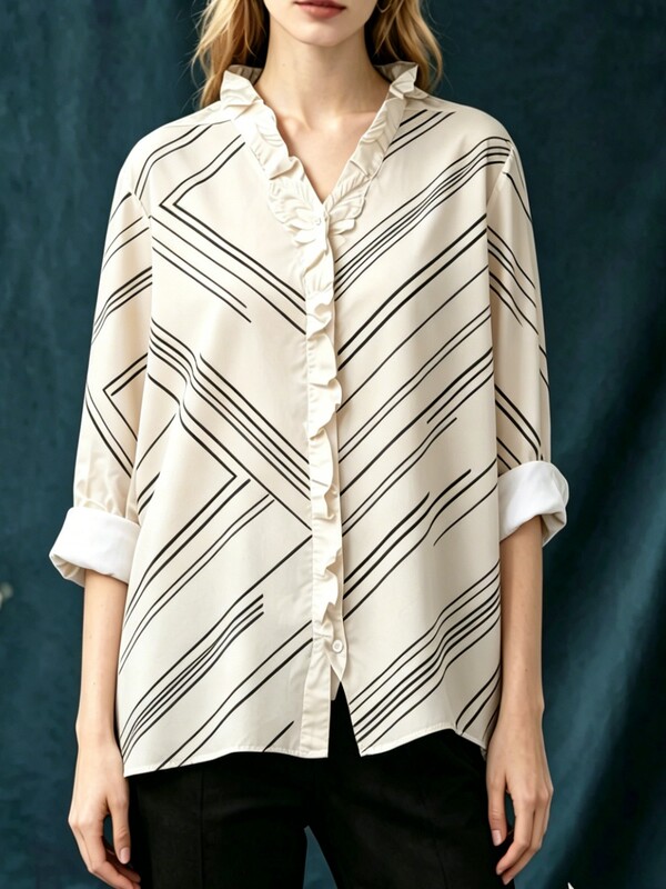 Loose Drapey Straight-Cut Long-Sleeve Shirt with Ruffled Edges, V-Neck, Slimming and Flattering for Work, Daisy Print Top