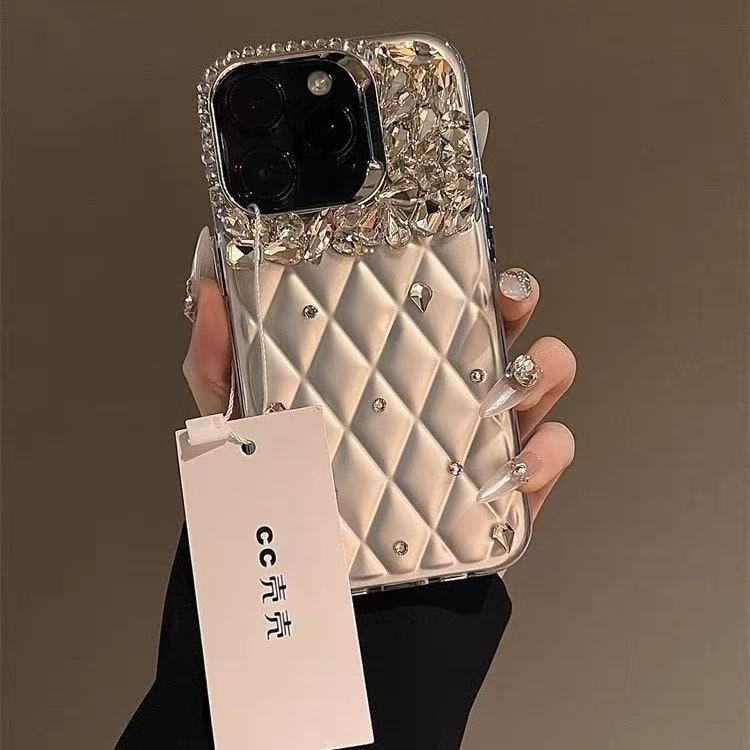 高颜值水钻适用苹果16promax手机壳iPhone15/14菱格闪钻13/12女款|undefined
