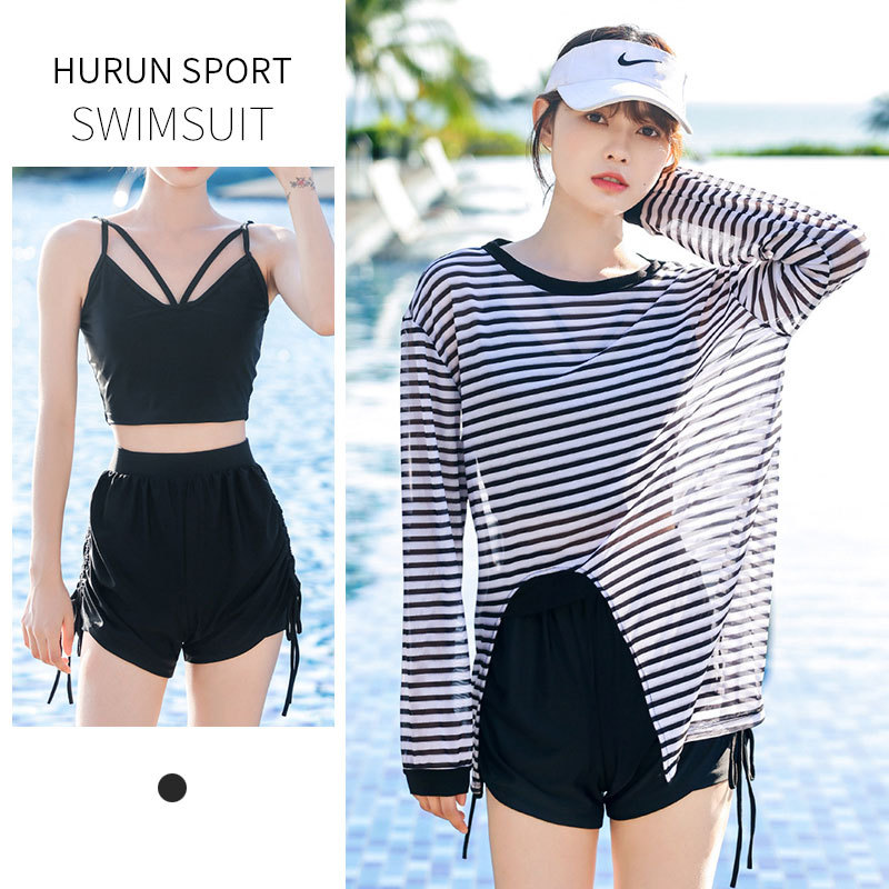 Traje de baño de aguas termales para mujeres que adelgazan el vientre que cubre la protección solar ligeramente gorda manga larga parque acuático vientre conservador que cubre el traje de tres piezas adelgazante