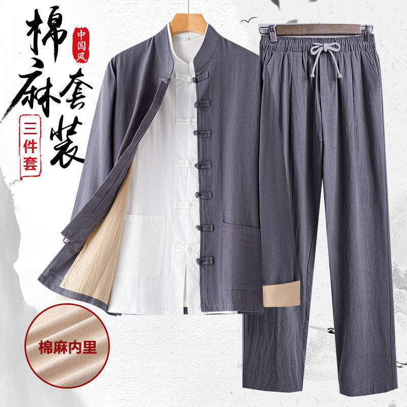 Cotton and Linen Tang Suit Men's Long-Sleeved Suit Linen Chinese Style Men's Clothing Middle-Aged and Elderly Retro Chinese Hanfu Autumn Layman