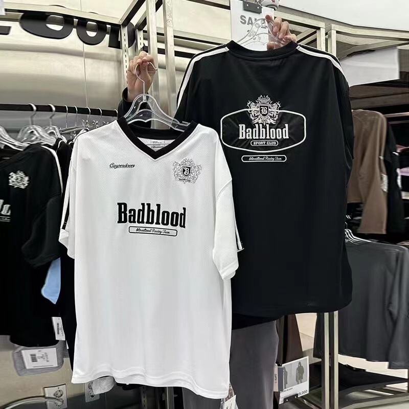 韓国トレンドブランドbadblood刺繍文字Vネック半袖Tシャツレディースyeri同スタイルアメリカンルーズレトロトップス|undefined