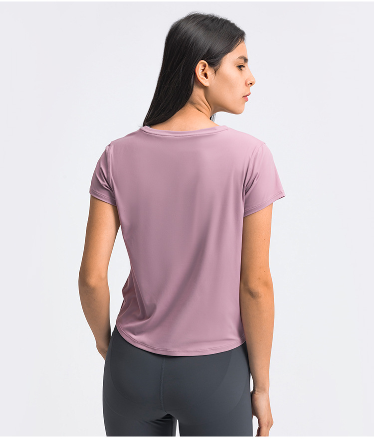 top suelto de yoga de color sólido de manga corta y cuello redondo de alta elasticidad NSDQF127266