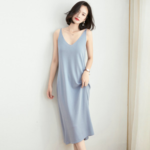 Summer mid length knitted suspender skirt 2021 spring summer Korean women’s V-neck fashion loose temperament dress