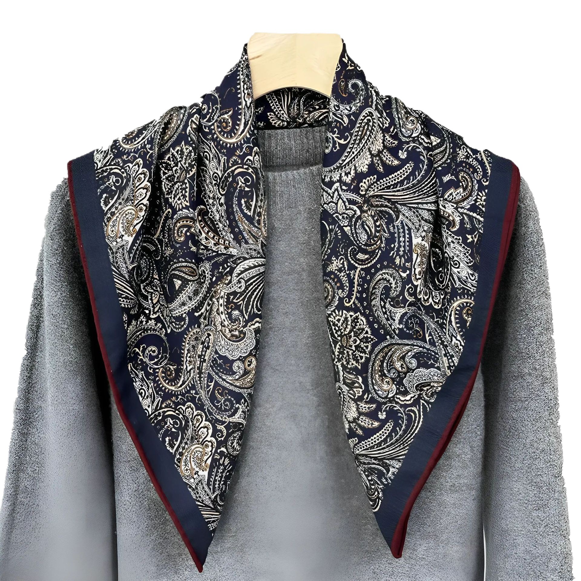 New French Vintage Silk Wool Square Scarf Autumn Winter Stylish Double-Sided Two-Tone Silk Wool Scarf For Women - Thumbnail 5
