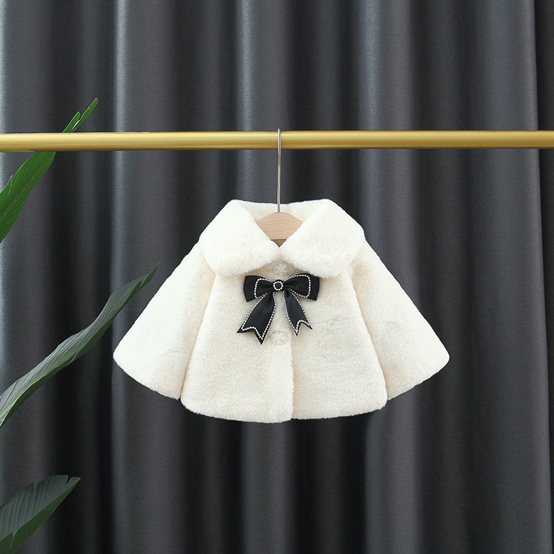 Autumn and winter new children's clothing solid color rabbit with black bow fur lapel, girls' shawl_voghion.com