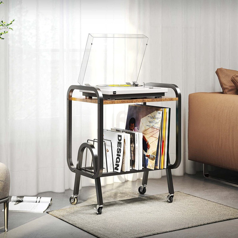 Home Record Player Display Rack, Removable Vinyl Record Rack, Iron and Wood Combination Small Side Table, Newspaper Storage Rack