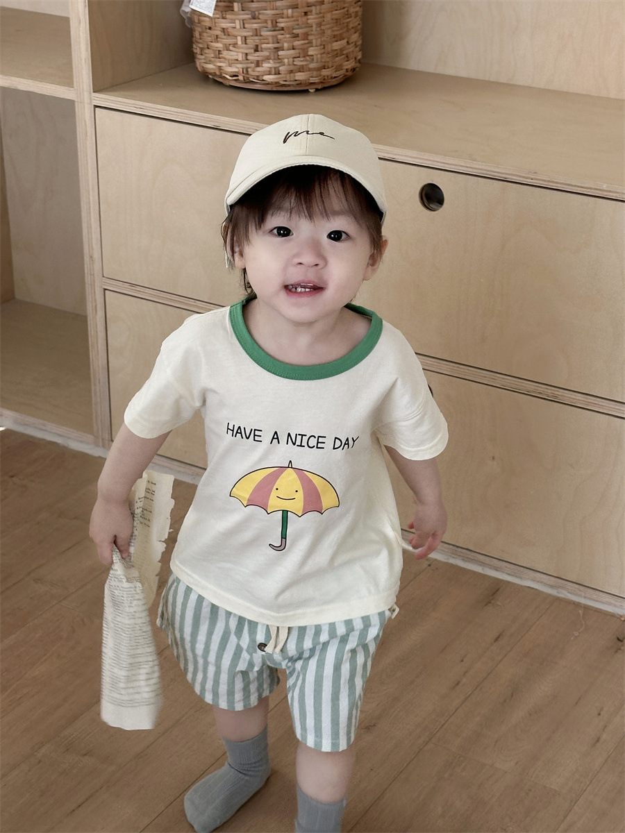 Niños camisetas de manga corta con pantalones cortos rayados, ropa de verano delgada coreana para niños, ropa de verano 2026 ropa de verano bebé image 2