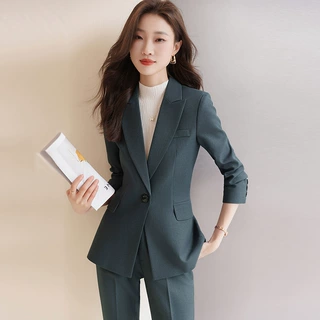 灰色正装西装套装职场一粒扣气质工作服女士职业套装上班西服套裤