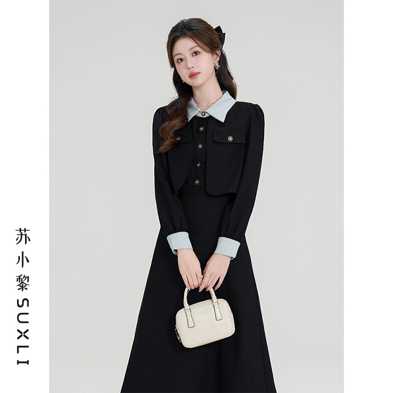 2025 Spring and Autumn New College Style Formal Occasion Teaching Qualification Interview Fake Two-Piece Color-Block Polo Dress