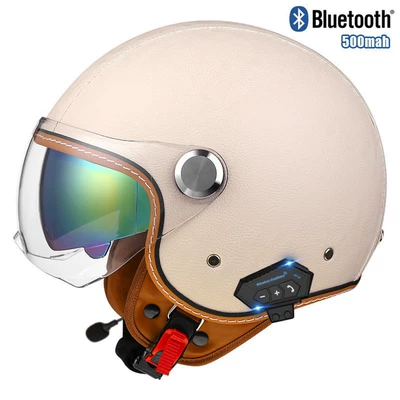 Motosiklet kaskı (dəbilqə) — certification helmet female male retro - lychee-pattern-off-white-short-outside-and-colorful-inside-bluetooth-m
