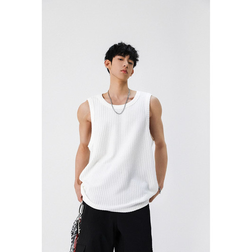 Texture White Men's Tank Top 2025 Summer New Simple Trendy Cross-Training Cut-shoulder Loose Casual Sleeveless T-shirt