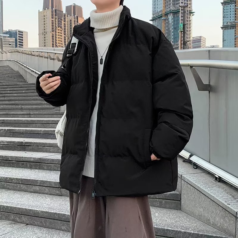 2024 Winter Loose Men's Cotton Coat Hong Kong Style Solid Color Stand Collar Jacket Top Clothes Cotton Jacket Thickened Coldproof Jacket Trendy