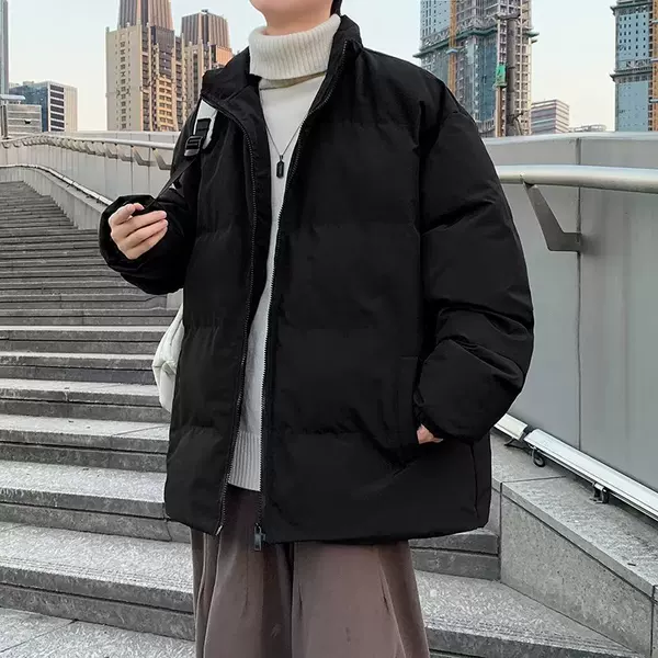 2024 Winter Loose Men's Cotton Coat Hong Kong Style Solid Color Stand Collar Jacket Top Clothes Cotton Jacket Thickened Coldproof Jacket Trendy