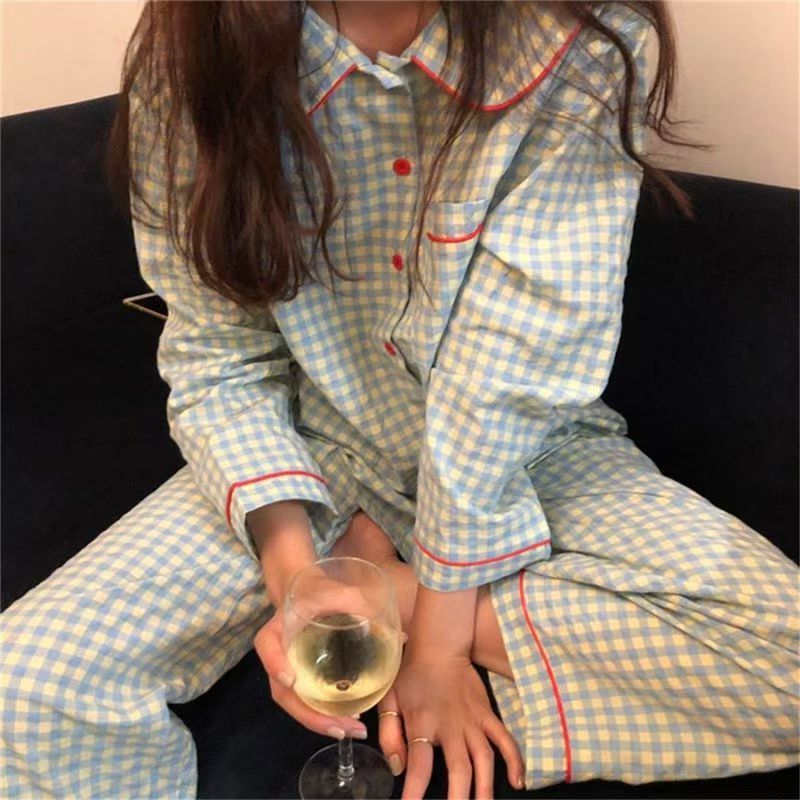 韩版ins格子睡衣女春秋季长袖长裤开衫套装学生休闲可外穿家居服|undefined