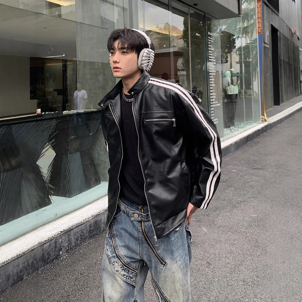 Cross-border American striped silhouette Merard leather jacket men's spring and autumn design high-end feel off-shoulder PU jacket
