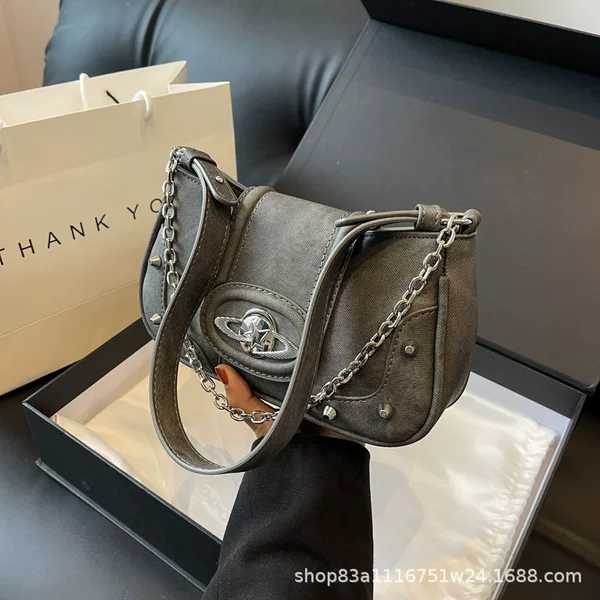 Four-Season Commuting Retro Small Square Trendy Versatile Denim Underarm Shoulder Bag Daily Handbag with Chain Crossbody