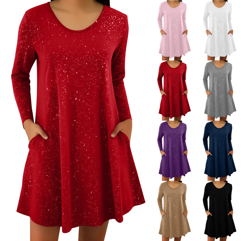 2026 Spring/Summer New European and American Cross-Border Fashion Trend Round Neck Long Sleeve Sequin Dress with Pockets Solid Color Women's Clothing