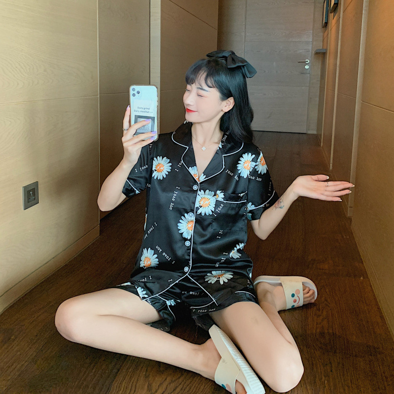 Sudeste asiático transfronterizo de verano de seda camiseta de hielo cardigan con solapa de manga corta ropa de seda set comercio exterior