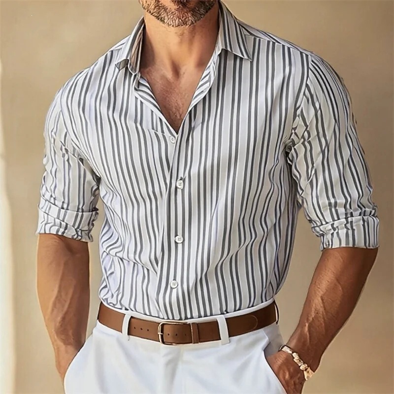 10-Color Men's Formal Striped Collared Long-Sleeve Shirt with Button Closure, Black and Blue, Large Size, Slim Fit Business Attire 10-Color Men's Formal Striped Collared Long-Sleeve Shirt with Button Closure, Black and Blue, Large Size, Slim Fit Business Attire