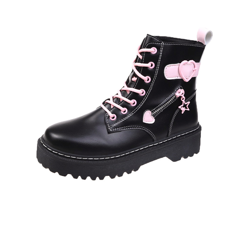 Botas de media pantorrilla para mujer, botas de moda con costuras y cordones delanteros de 4CM de suela gruesa para estudiantes, otoño 2023