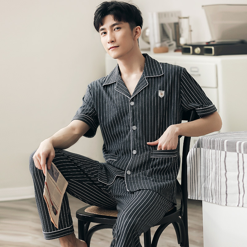 Pijamas de hombre verano 100% algodón pantalones de manga corta de primavera y otoño a cuadros finos traje de desgaste para el hogar juvenil más tamaño